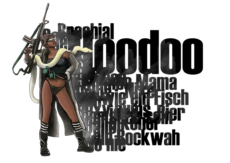 Hoodoo-Frau mit Typo-Elementen